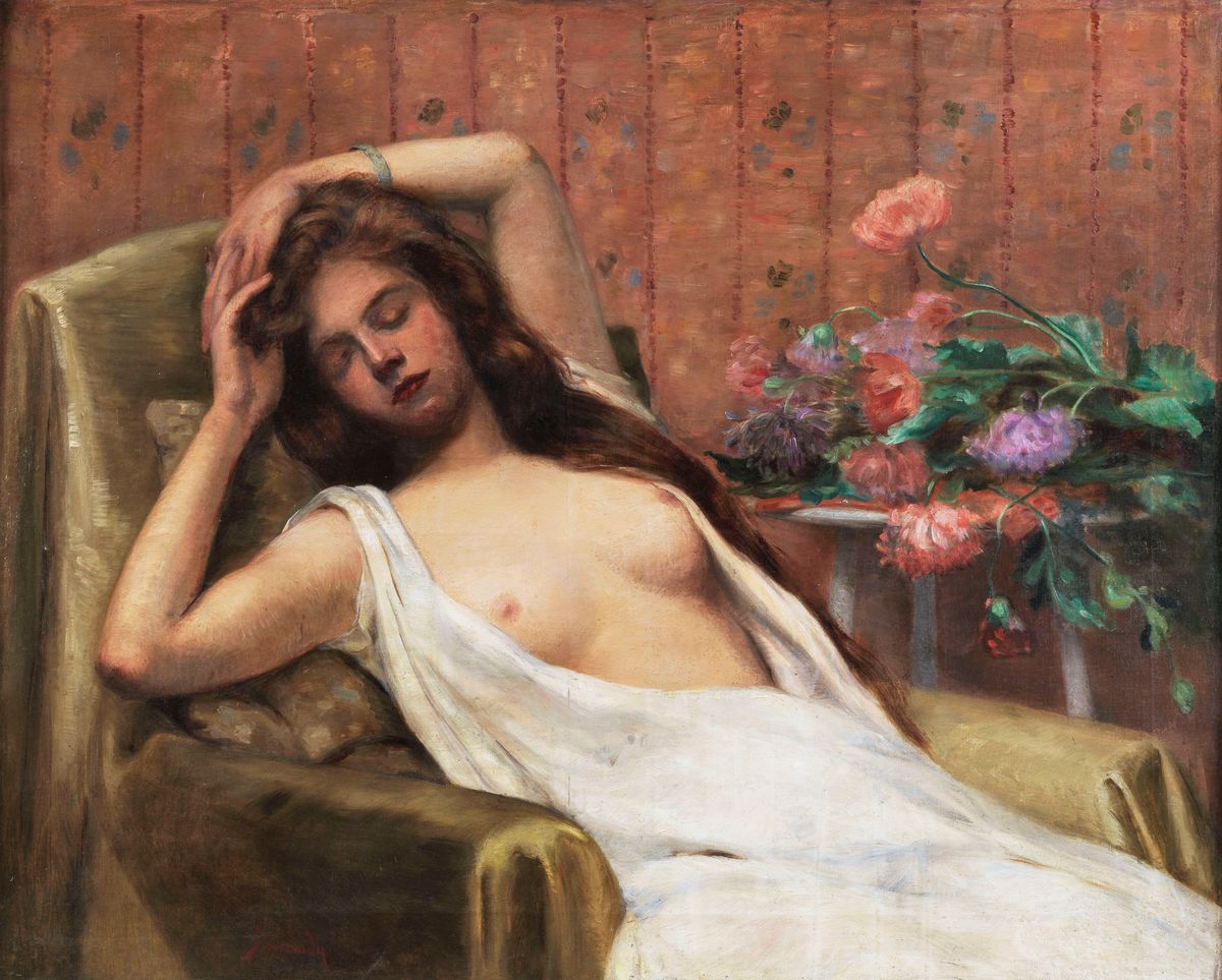 Michel Simonidy : Signed. Young woman nude and bunch of flowers bright oil painting on canvas of excellent pictorial execution