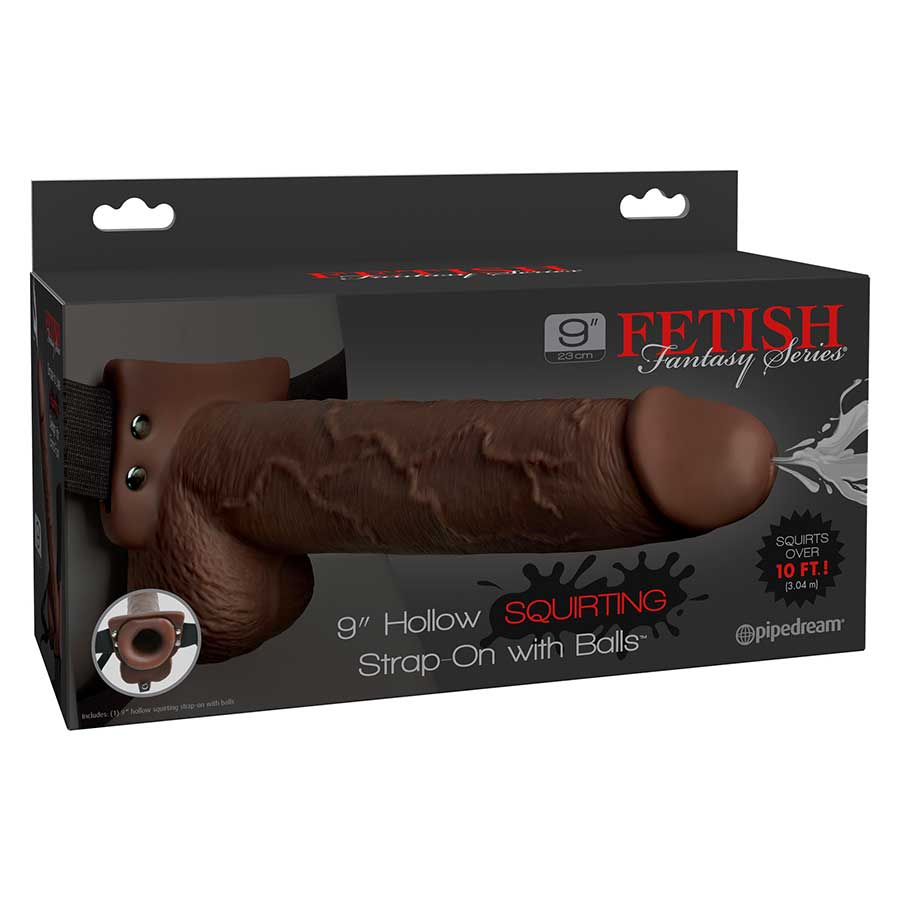 9 Inch Brown Squirting Hollow Realistic Strap-On with Balls by Fetish