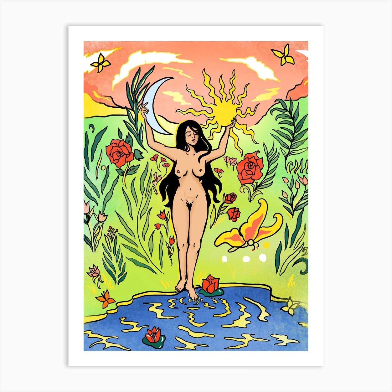 Nude Garden Goddess Psychedelic Art Print by River In Paradise