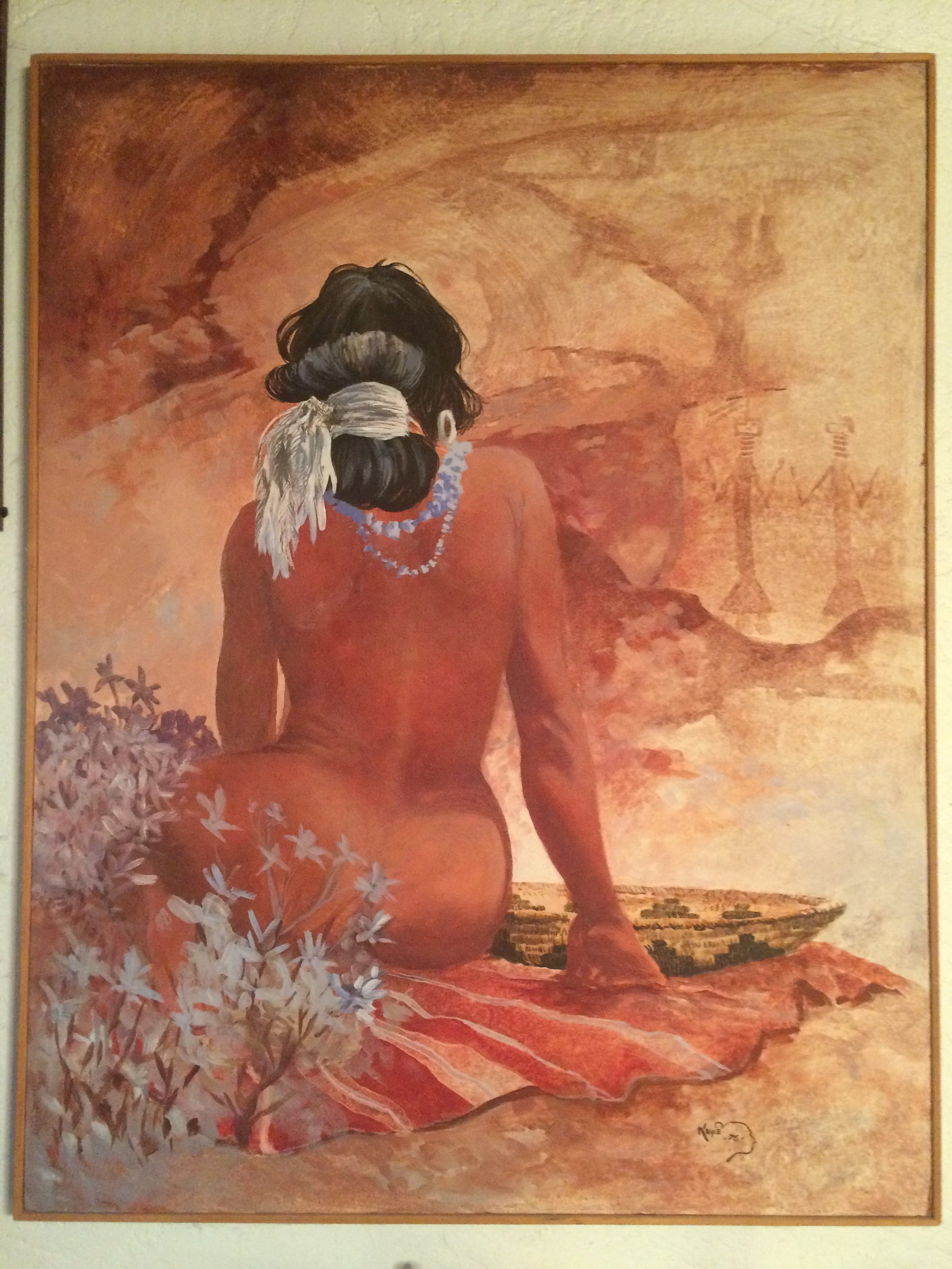 Navajo painting nude woman Native American Indian turquoise necklace rug basket Yei rock art petroglyphs Canyon de Chelly 1970s old vintage