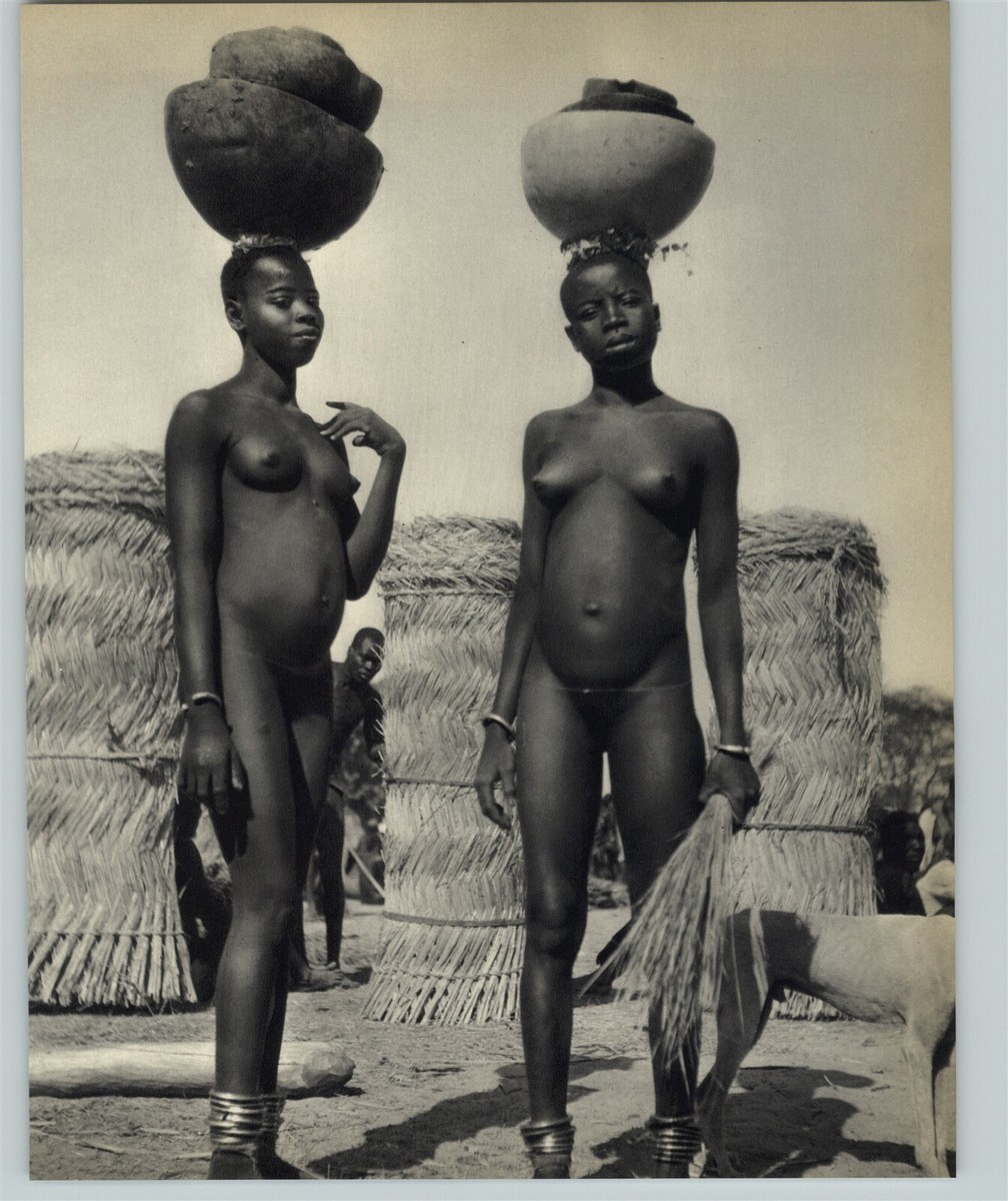 1952 African Native Nude Female Pair Carrying Food Bowls Original Photo Gravure