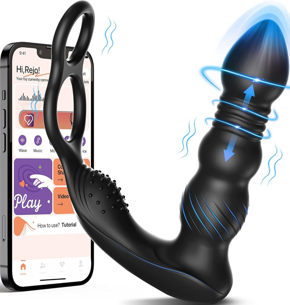 : Thrusting Anal Vibrator Prostate Massager with 2 Vibrating Cock Ring Anal Plug with 10 Thrusting Vibrating Modes Dildo Butt Plug Male Sex Toys for Men Gay Couple Pleasure Black :