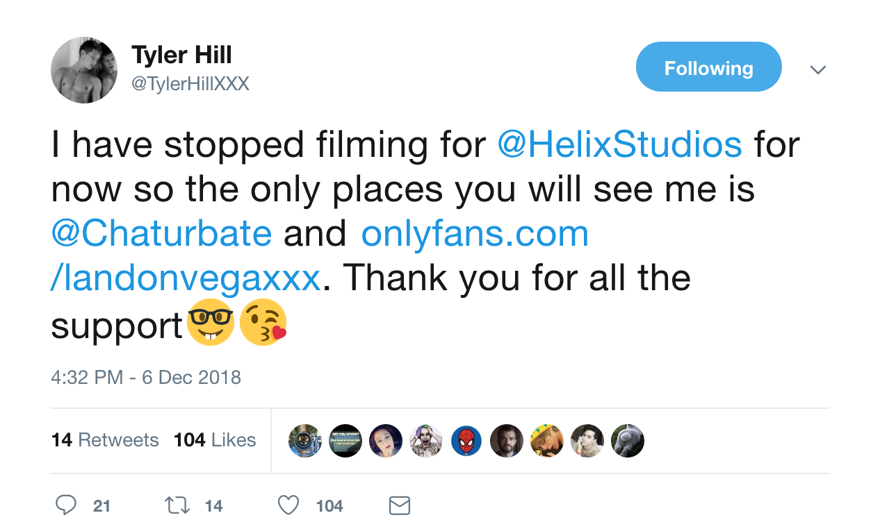 Award-Winning Gay Porn Star Tyler Hill Announces Retirement From Helix