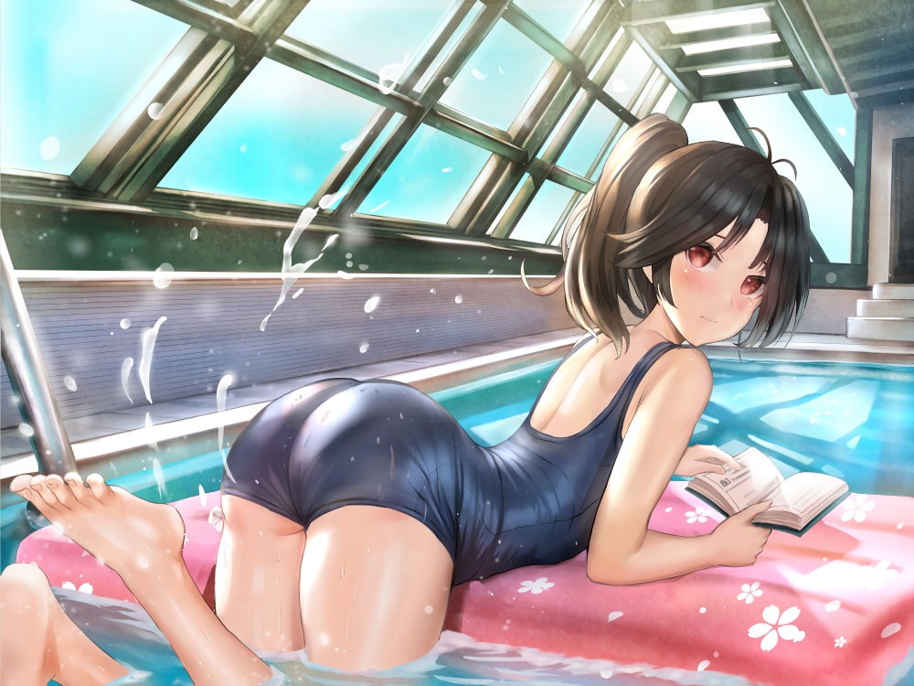 aliasing ass barefoot book brown hair himonoata illusion connect long hair maki illusion connect ponytail pool red eyes school swimsuit swimsuit water