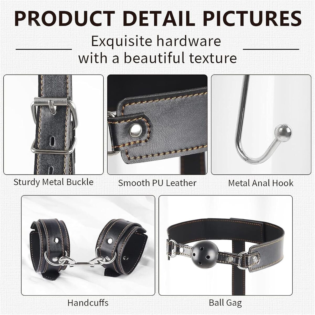 BDSM Anal Hook Collar and extendable Faux Strap Kinky Fetish Bondage Gag cuffs