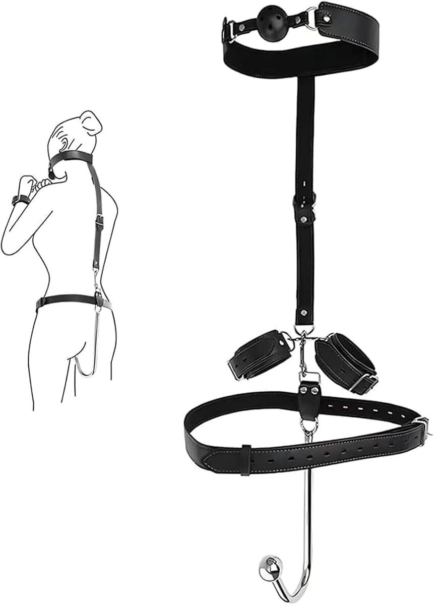 BDSM Anal Hook Collar and extendable Faux Strap Kinky Fetish Bondage Gag cuffs