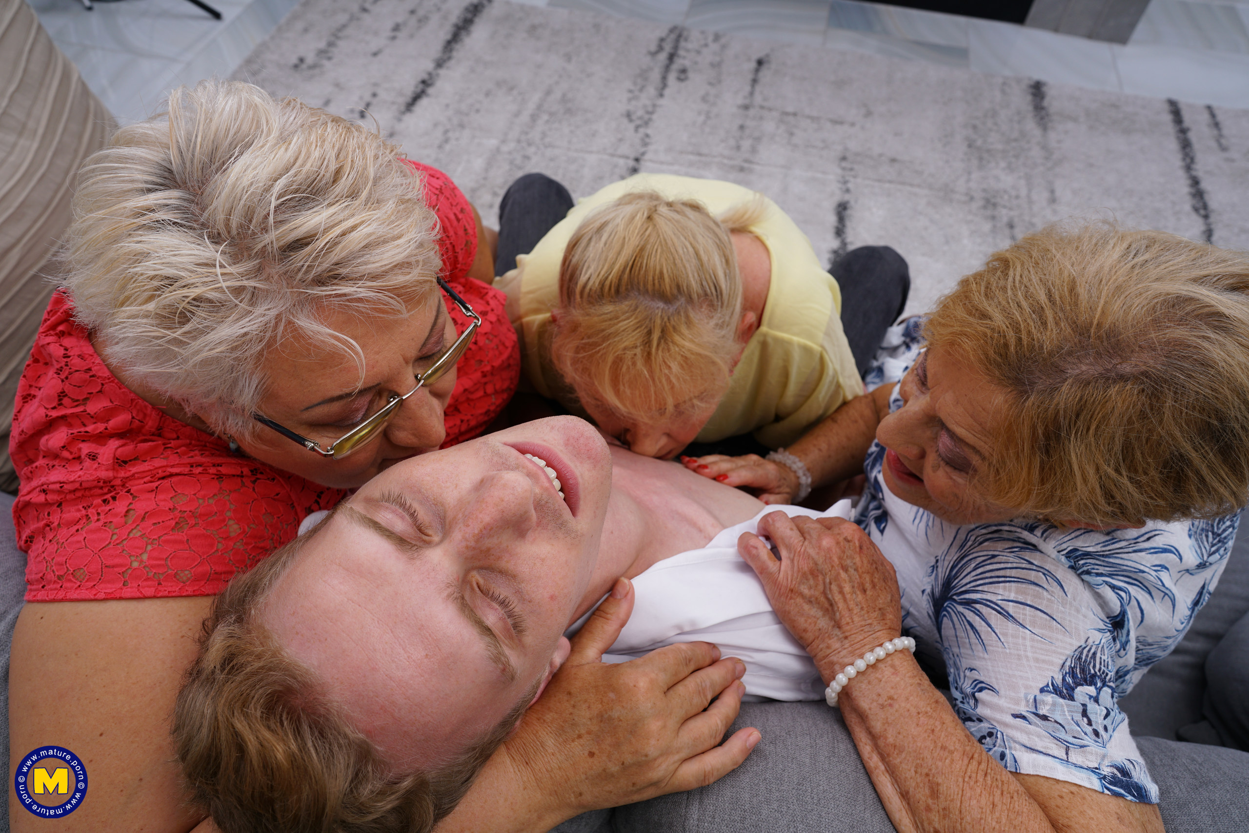 One lucky toy boy getting fucked by three horny grandmas