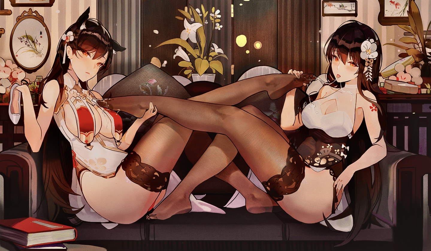 feet tongue out big boobs looking at viewer long hair lesbians saliva trail foot fetishism anime girls Azuma Azur Lane Azur Lane stockings saliva couch leaves plants animal ears yuri