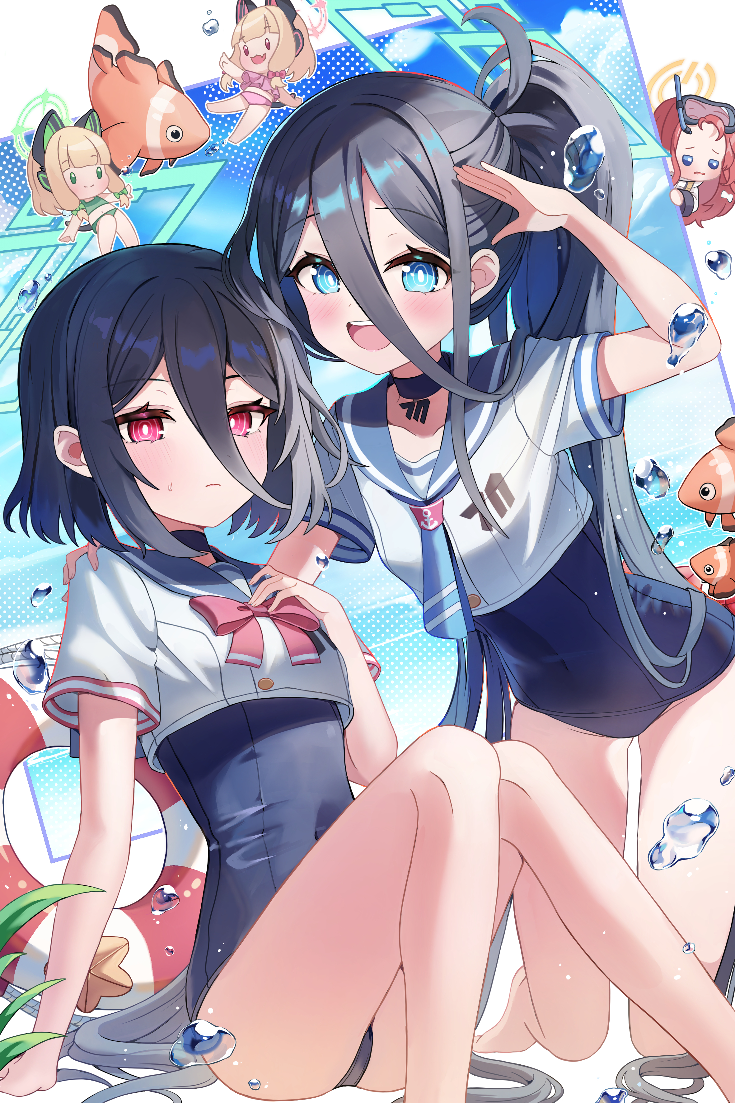 kinyouny aris blue archive kei blue archive midori blue archive momoi blue archive yuzu blue archive blue archive absurdres highres 5girls :d absurdly long hair alternate costume alternate hairstyle animal black choker