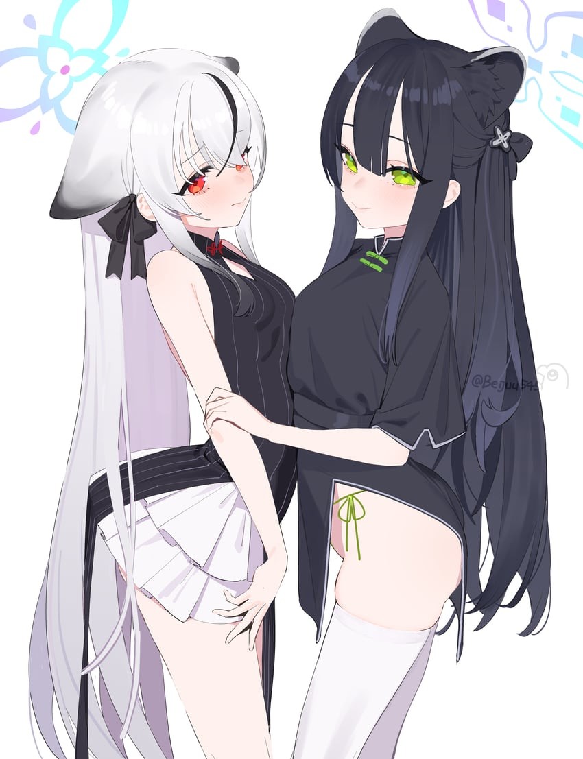 red eyes from side thighhighs shun blue archive multiple girls