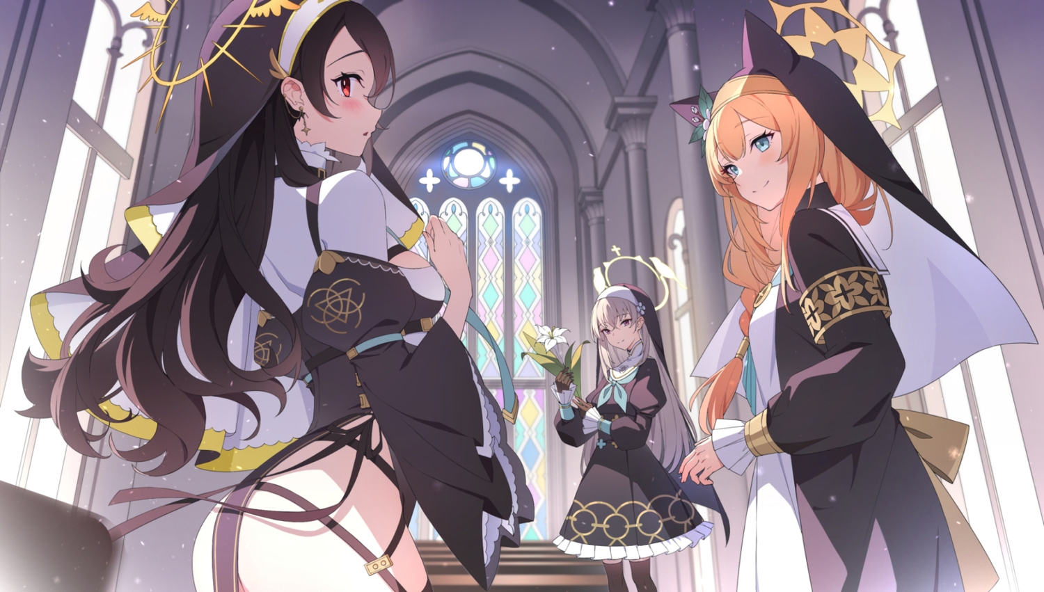 animal ears blue archive blush braids brown hair bubble1995 catgirl flowers garter belt gray hair halo headdress iochi mari long hair nopan nun orange hair ponytail red eyes utazumi sakurako wakaba hinata