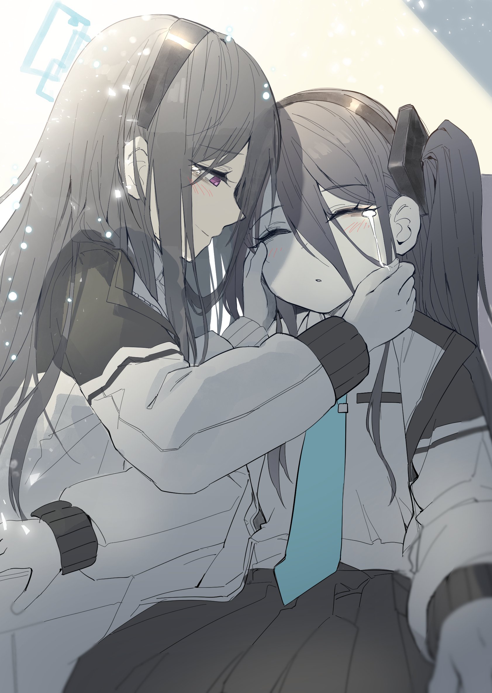 kokukyukeo aris blue archive kei blue archive blue archive highres 2girls black hair black hairband black skirt blue necktie hair between eyes hairband jacket long hair multiple girls necktie shirt side ponytail