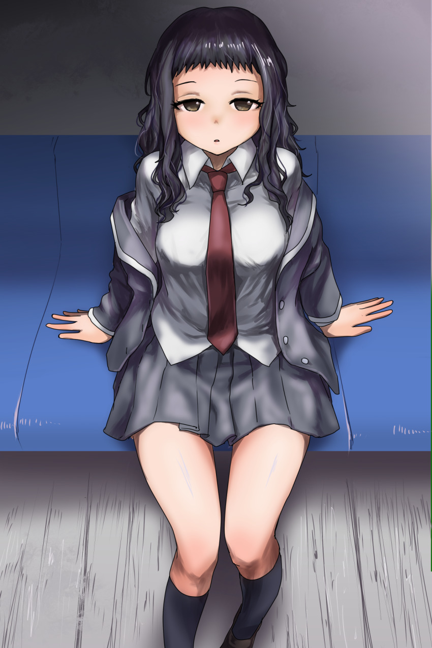 takehyiro kaidou anri ao ashi highres 1girl black hair black skirt black socks breasts brown eyes jacket long hair looking at viewer medium breasts necktie red necktie shirt sitting skirt socks solo