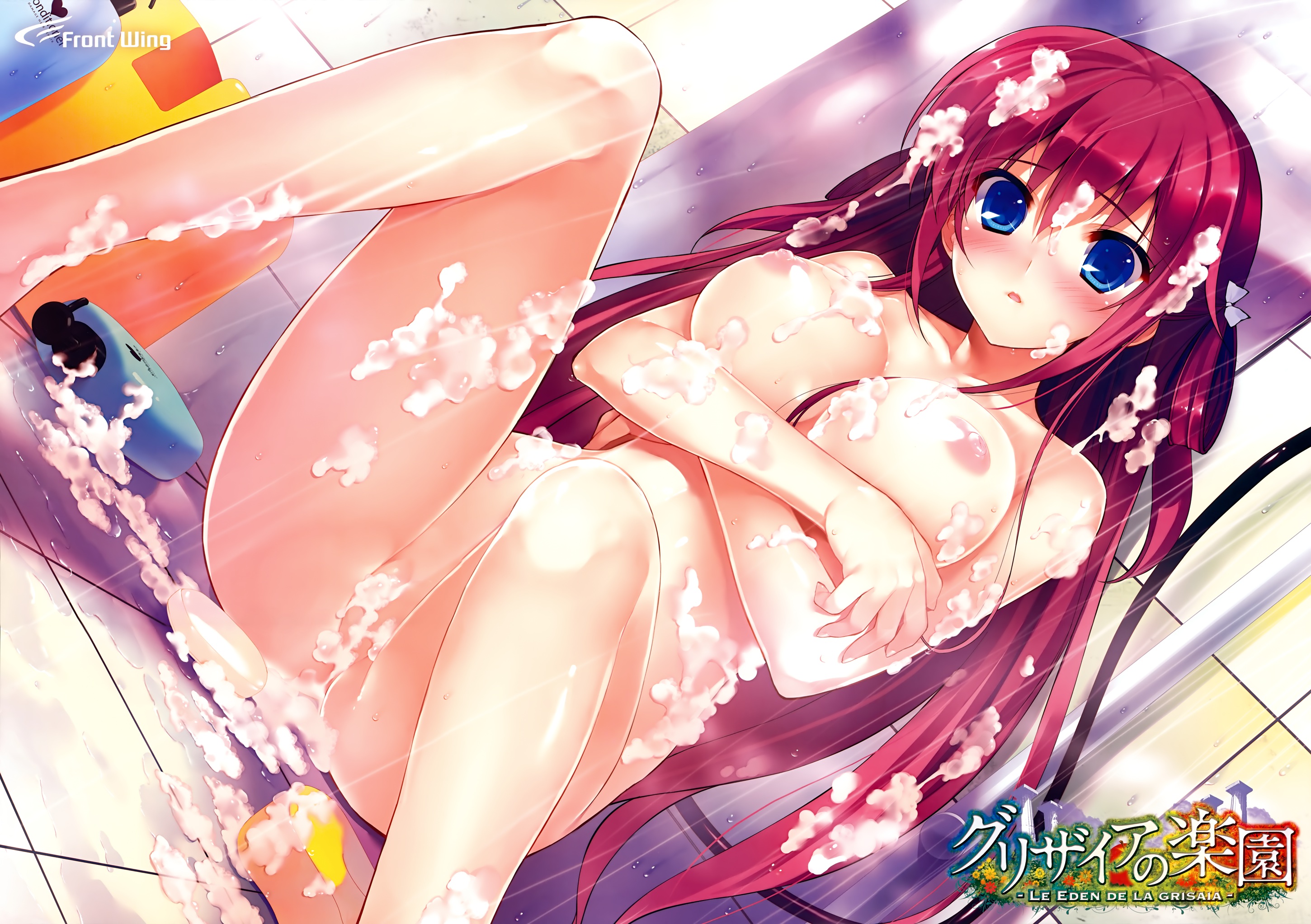 blue eyes blush breast hold breasts fumio grisaia no kajitsu grisaia no meikyu long hair nipples nude red hair scan shower suou amane wet