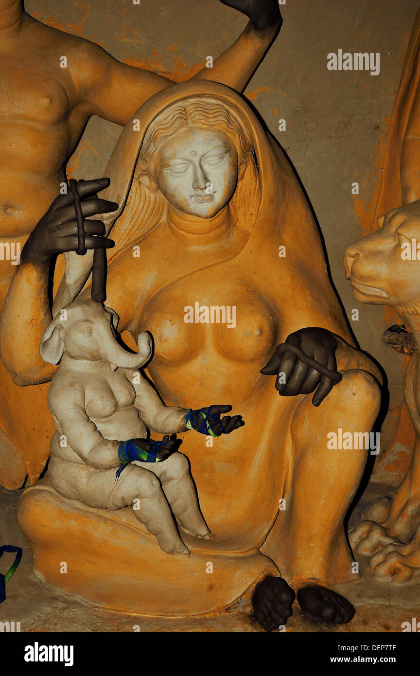 Durga Sculpture Mud Idol Nude Durga Pooja Female Goddess Breasts Stock Photo