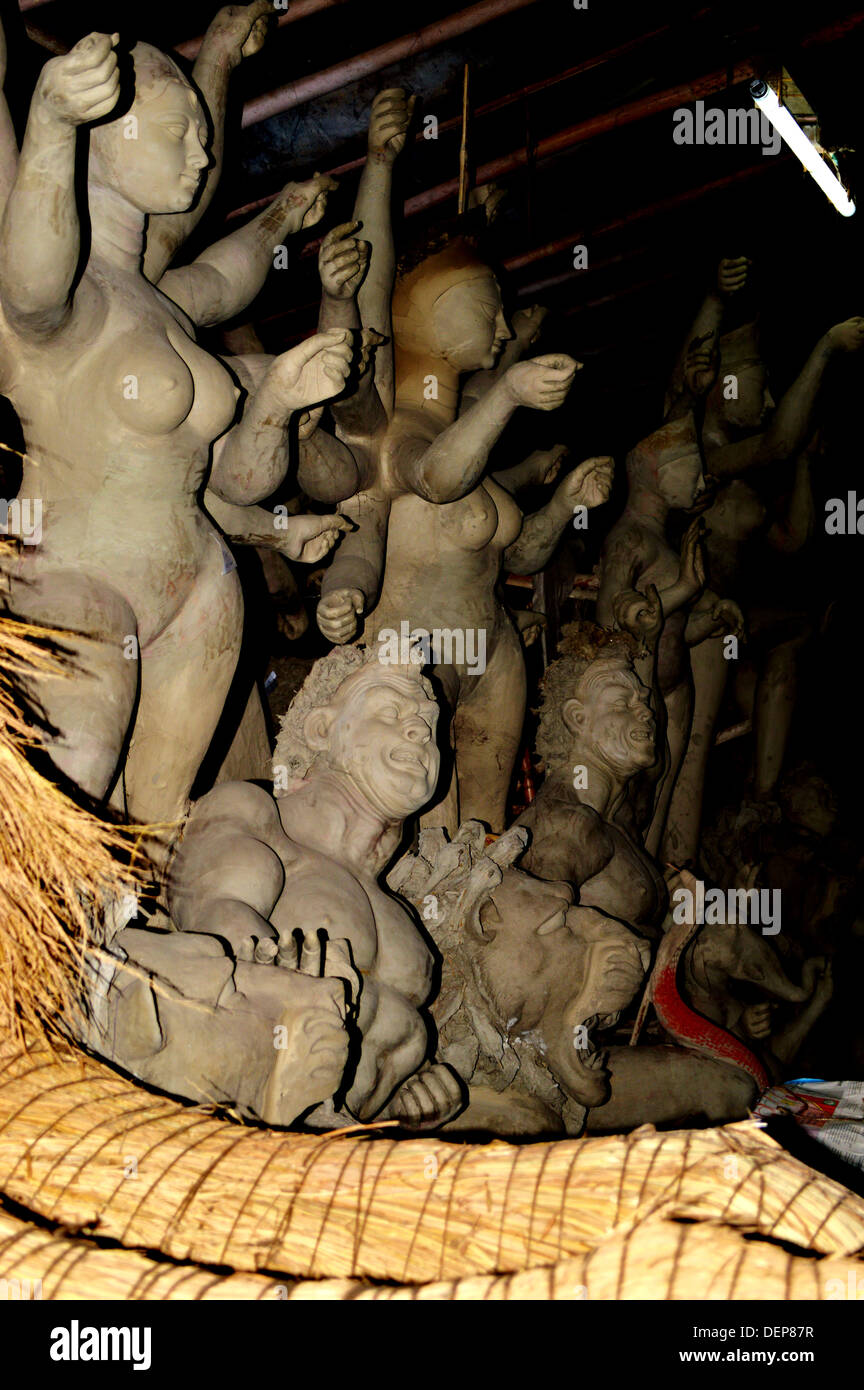 Durga Sculpture Mud Idol Nude Durga Pooja Female Goddess Breasts Stock Photo