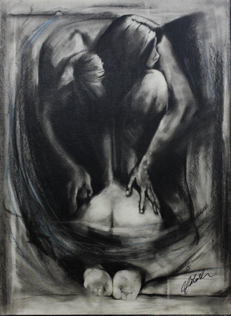 Nude Love Birds: Steel Grey Charcoal Drawing by NILESH GAVALE
