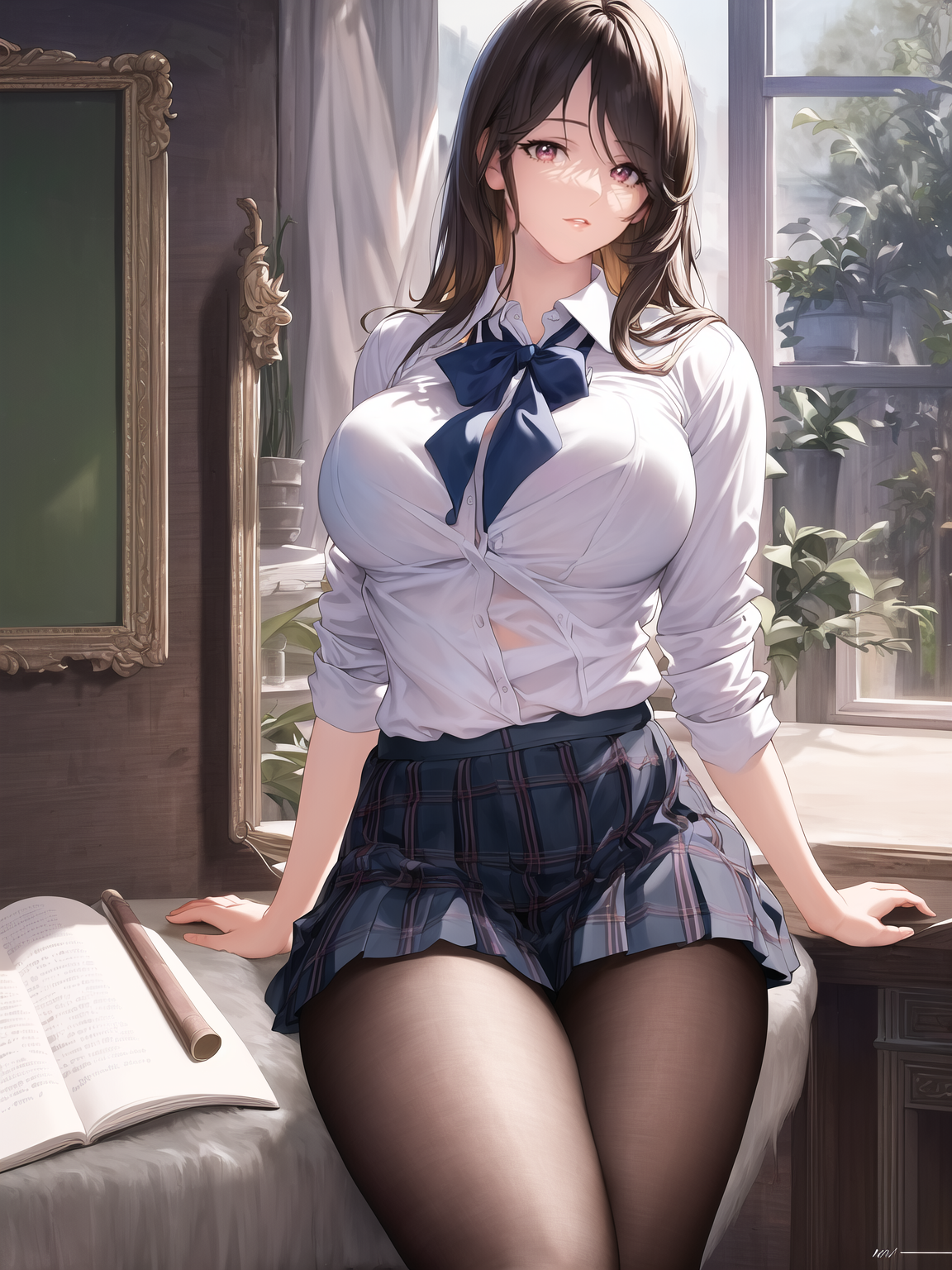 big boobs brunette sitting arm support looking at viewer legs together schoolgirl anime girls school uniform pantyhose black pantyhose plants white shirt