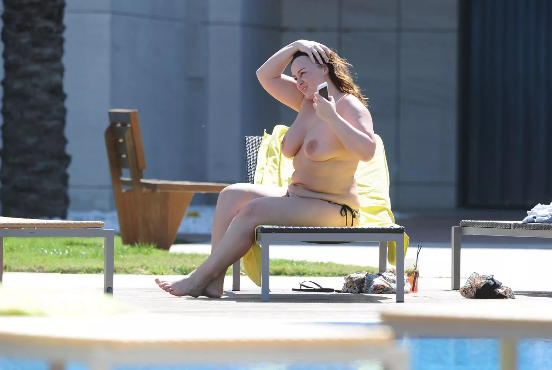 Chanelle Hayes shows off her full figure in a zigzag print bikini