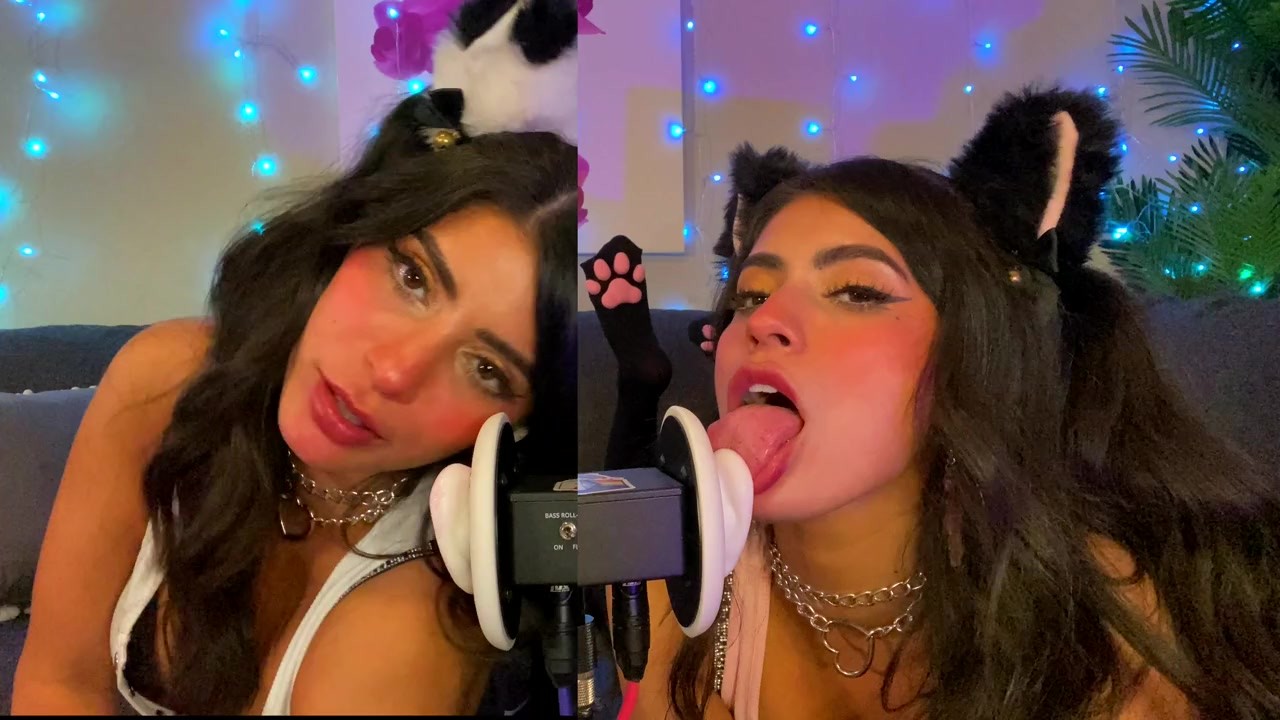 ASMR TWO Cats Flirt and Lick Your Ears with Eye Contact layered sounds