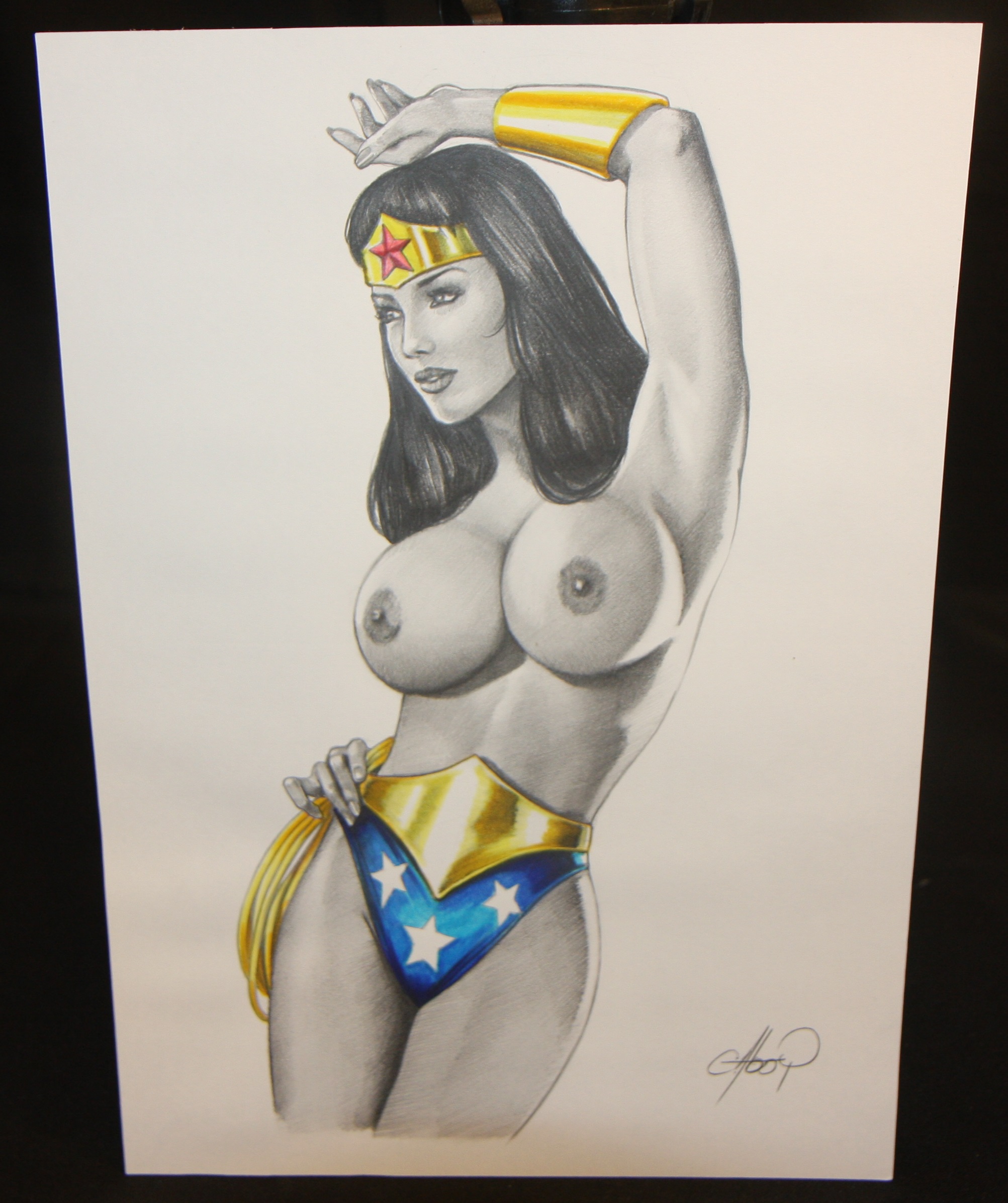 Wonder Woman Topless Yellow Blue Red Color Pencil Art