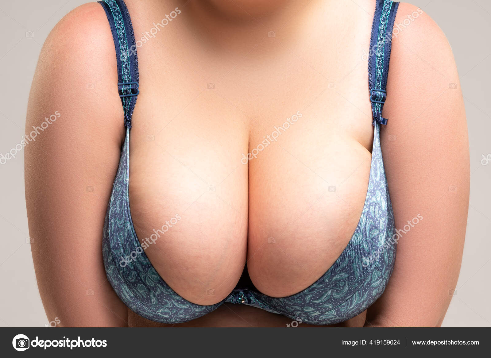 Big Natural Breasts Blue Bra Close Biggest Boobs Gray Background Stock Photo starast 419159024