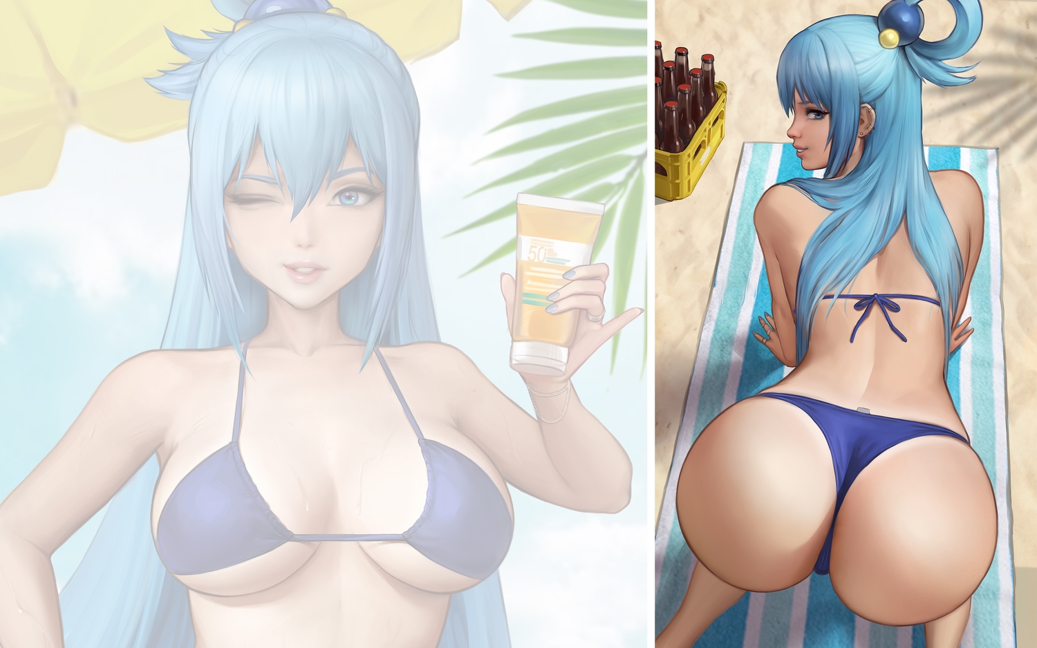 aqua konosuba ass beach bikini blue eyes blue hair drink kono subarashii sekai ni shukufuku wo! long hair meekohopanes swimsuit tan lines wink