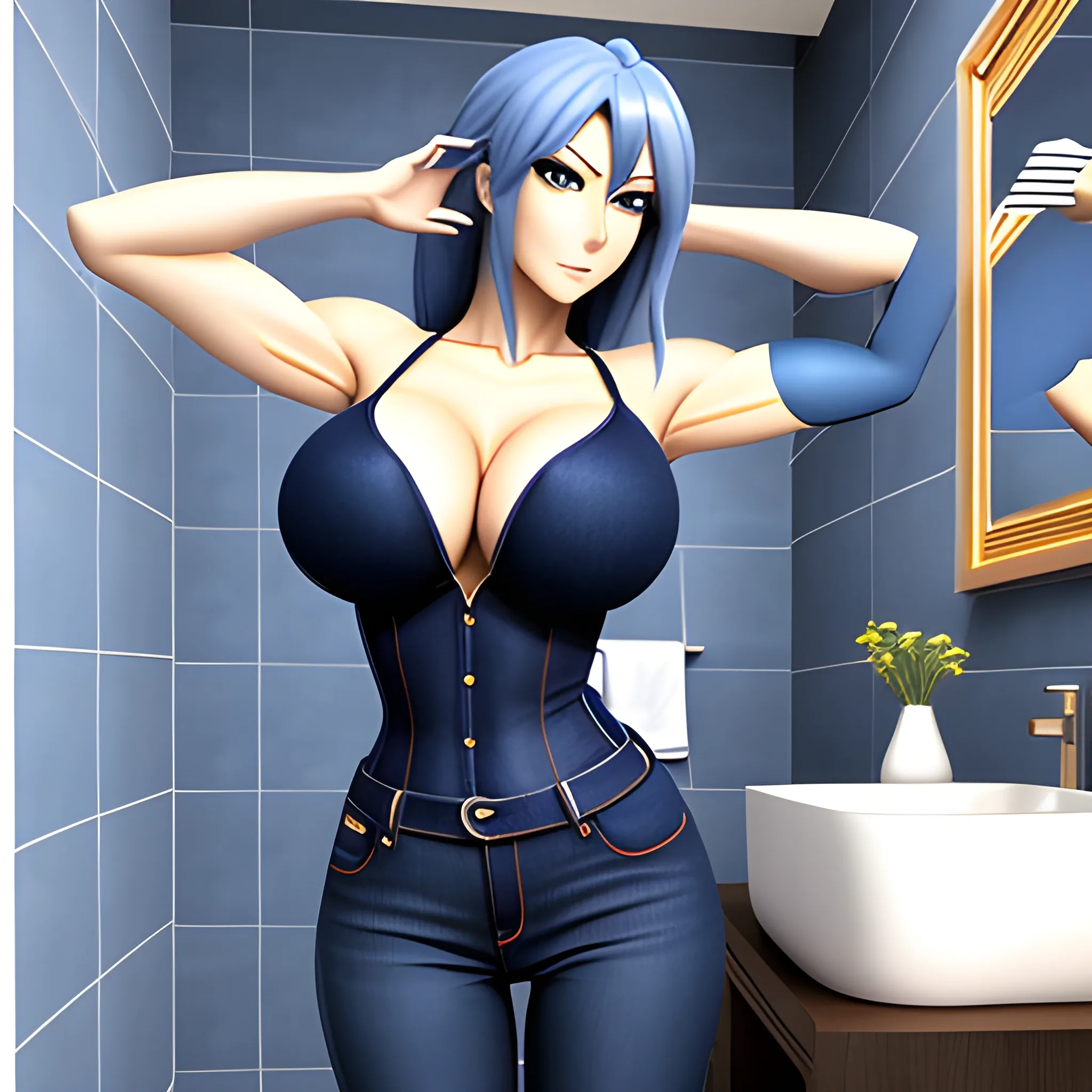 Anime blonde girl front view tight dark blue jeans bathroom detailed 3Dbig boobs