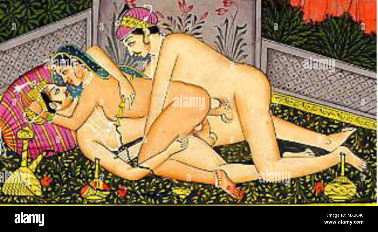 English: Kama Sutra depiction of threesome one woman with two men. 20 June 2012. Kama Sutra 334 Kama Sutra 50 detail Stock Photo