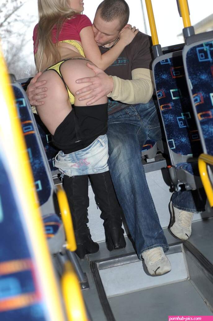Skirt-wearing blonde with perky tits gets fucked on a public bus