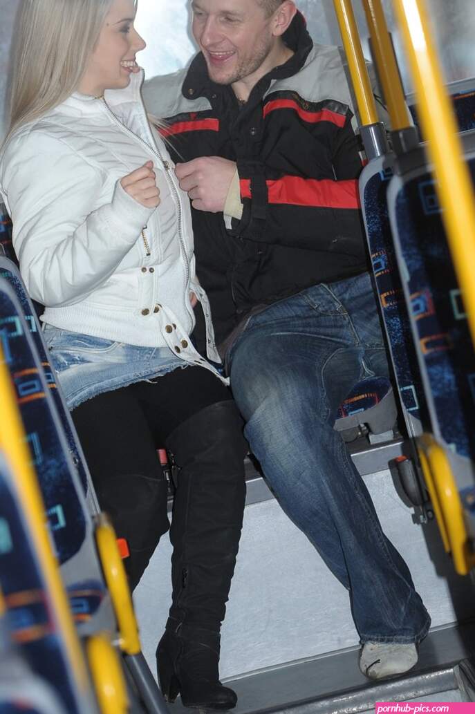 Skirt-wearing blonde with perky tits gets fucked on a public bus