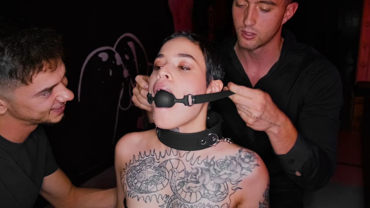 Obedient Tattooed Slut gets Gagged and Dominated by Two Rough Guys in BDSM Style