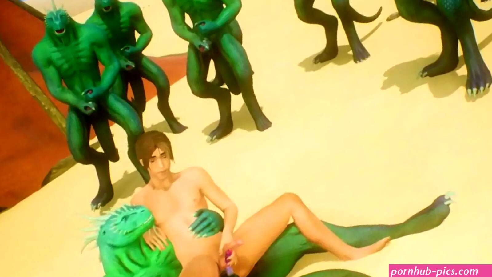 A crowd of furry aliens fuck a inexperienced guy in turn