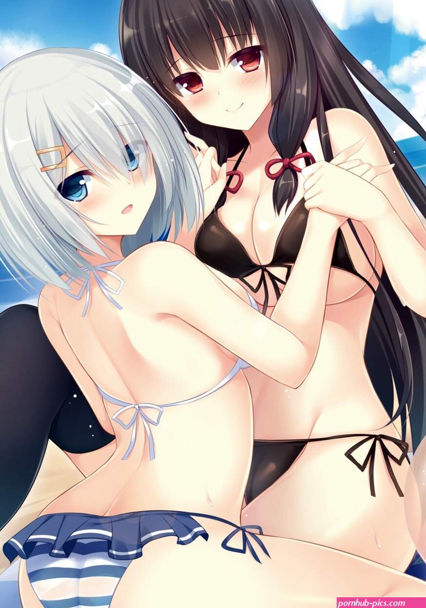 ass red eyes boobs big boobs two women holding hands hair on face smiling looking at viewer anime anime girls Kantai Collection Hamakaze KanColle Isokaze KanColle bikini rear view Pixiv