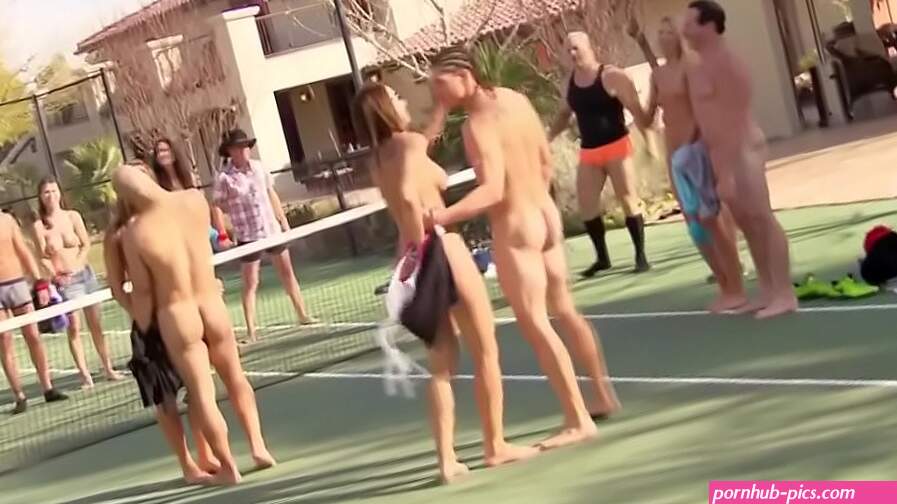 Fun volleyball game with horny swinger coupels playing naked.
