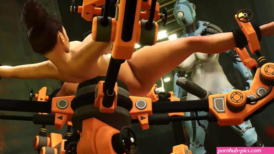 I just want your dick! Female robot shemale fucks a sexy cuffed busty brunette in the sci-fi lab