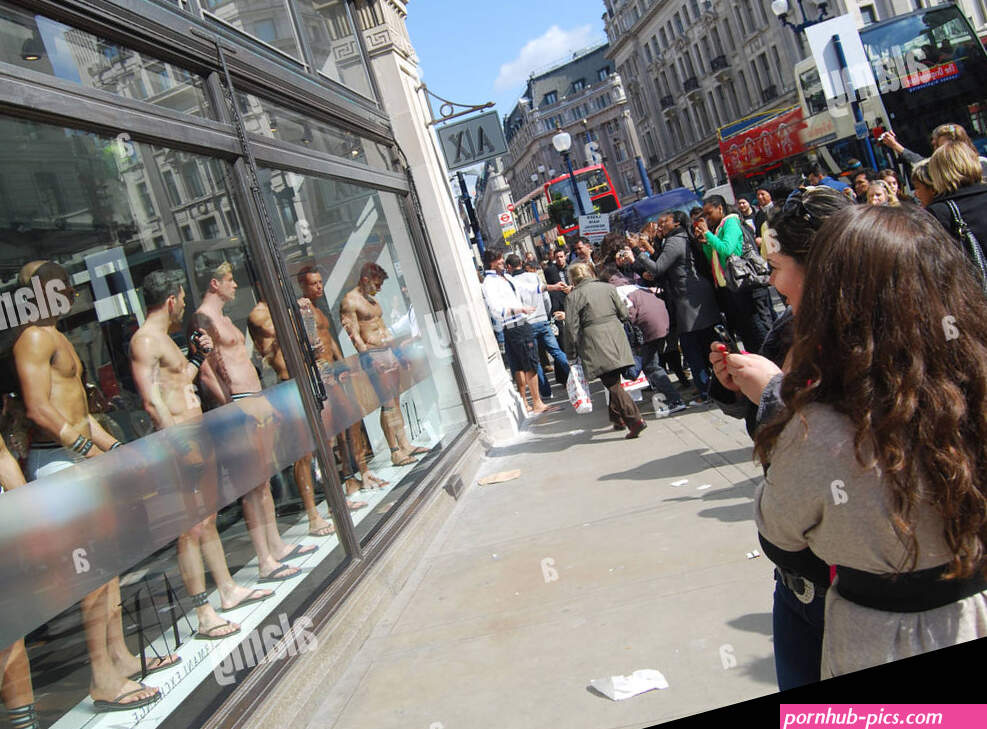Naked nude Armani store Regent street male models sex sales window display shop full monty Stock Photo