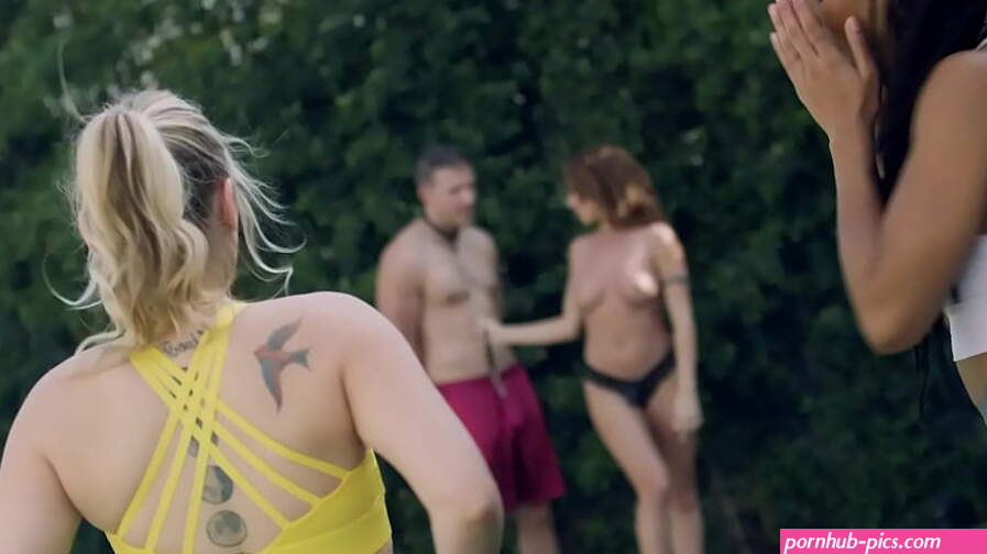 Jogging babes stumble across MILF in her backyard with her boy toy