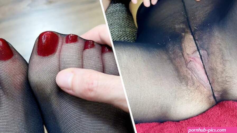 NYLON WORSHIP! Hairy pussy in black nylon pantyhose and red toes in nylon teaser