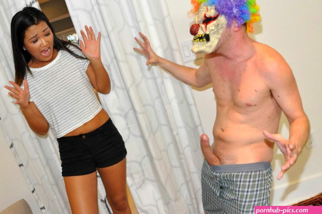 Scary clown with a stupid wig gets to fuck a tight Asian teen pussy