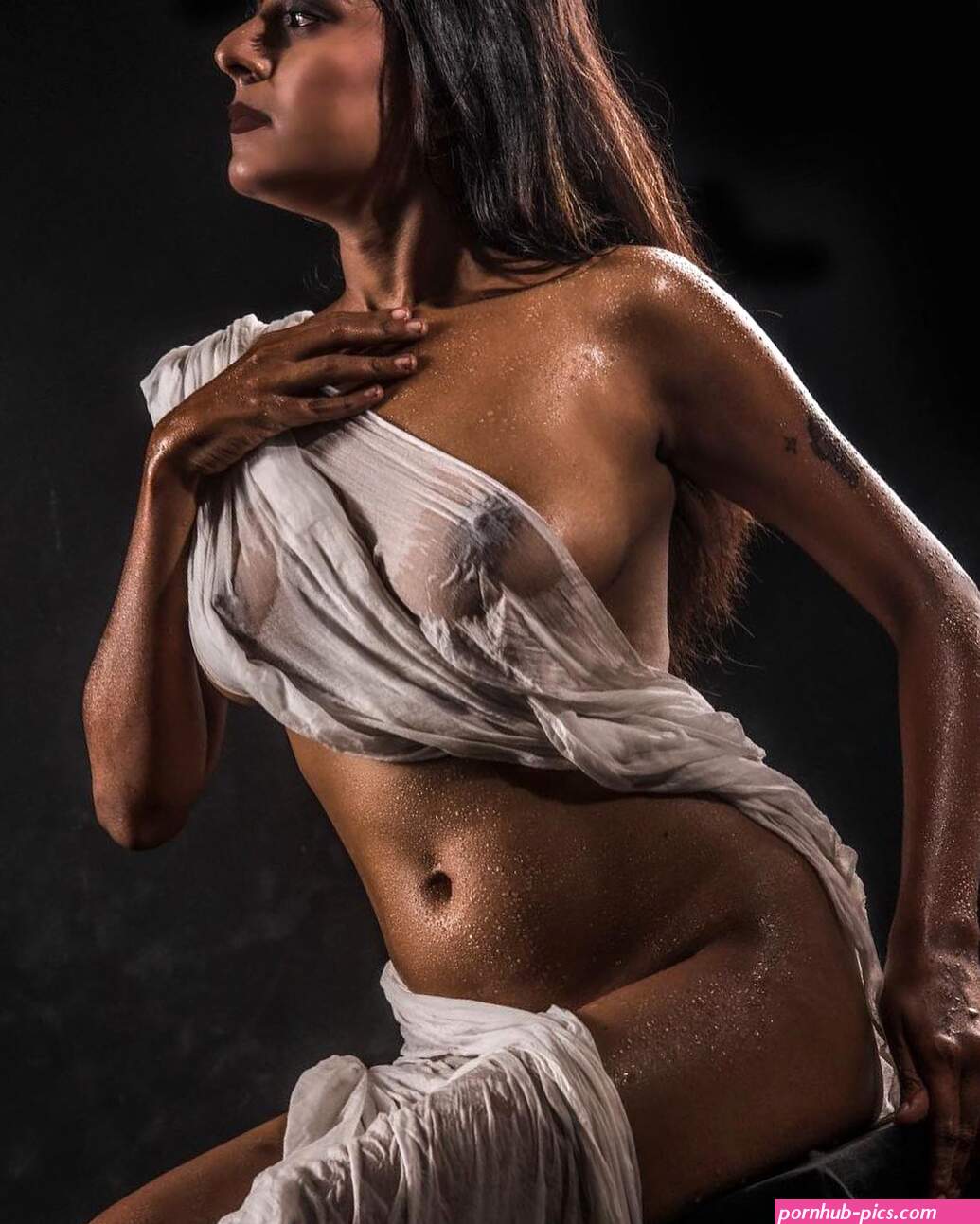 MILF Desi lady poses almost nude in a braless wet saree and shows her almost nude boobs and nipples