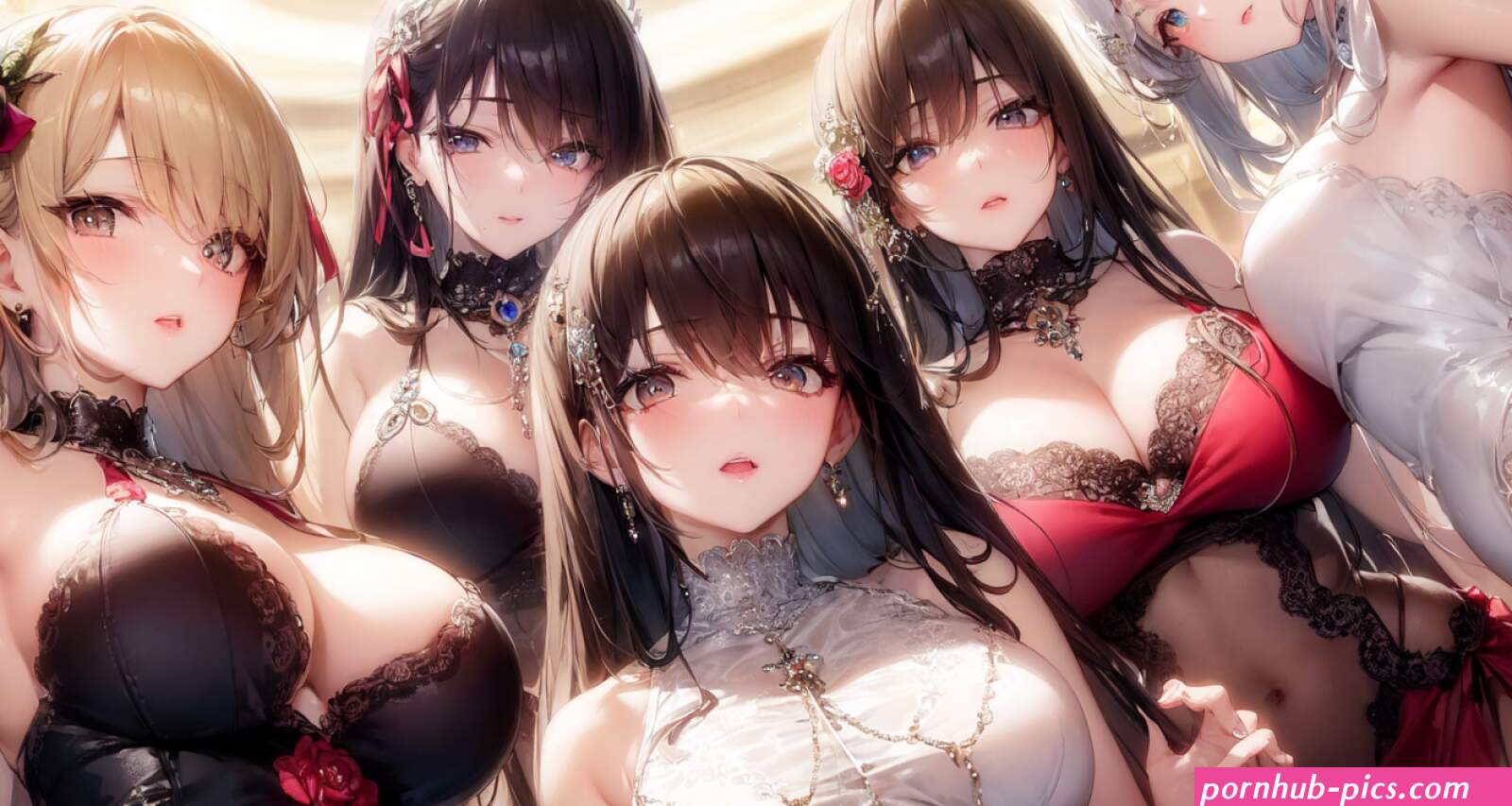 group of women cleavage big boobs looking at viewer long hair AI art PROTOAiArt harem Pixiv anime girls dress earring flower in hair jewelry low-angle
