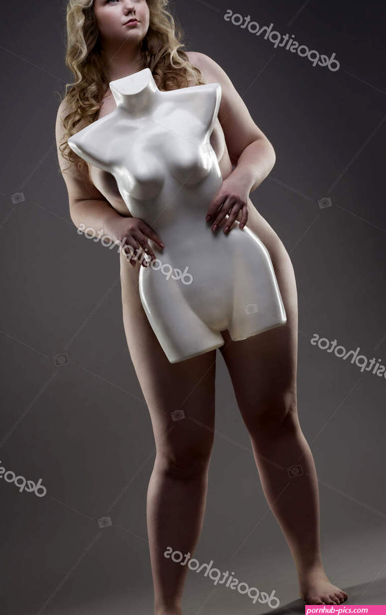 Young beautiful blonde naked plus size model with dummy xxl nude woman on gray studio background Stock Photo starast 135010892