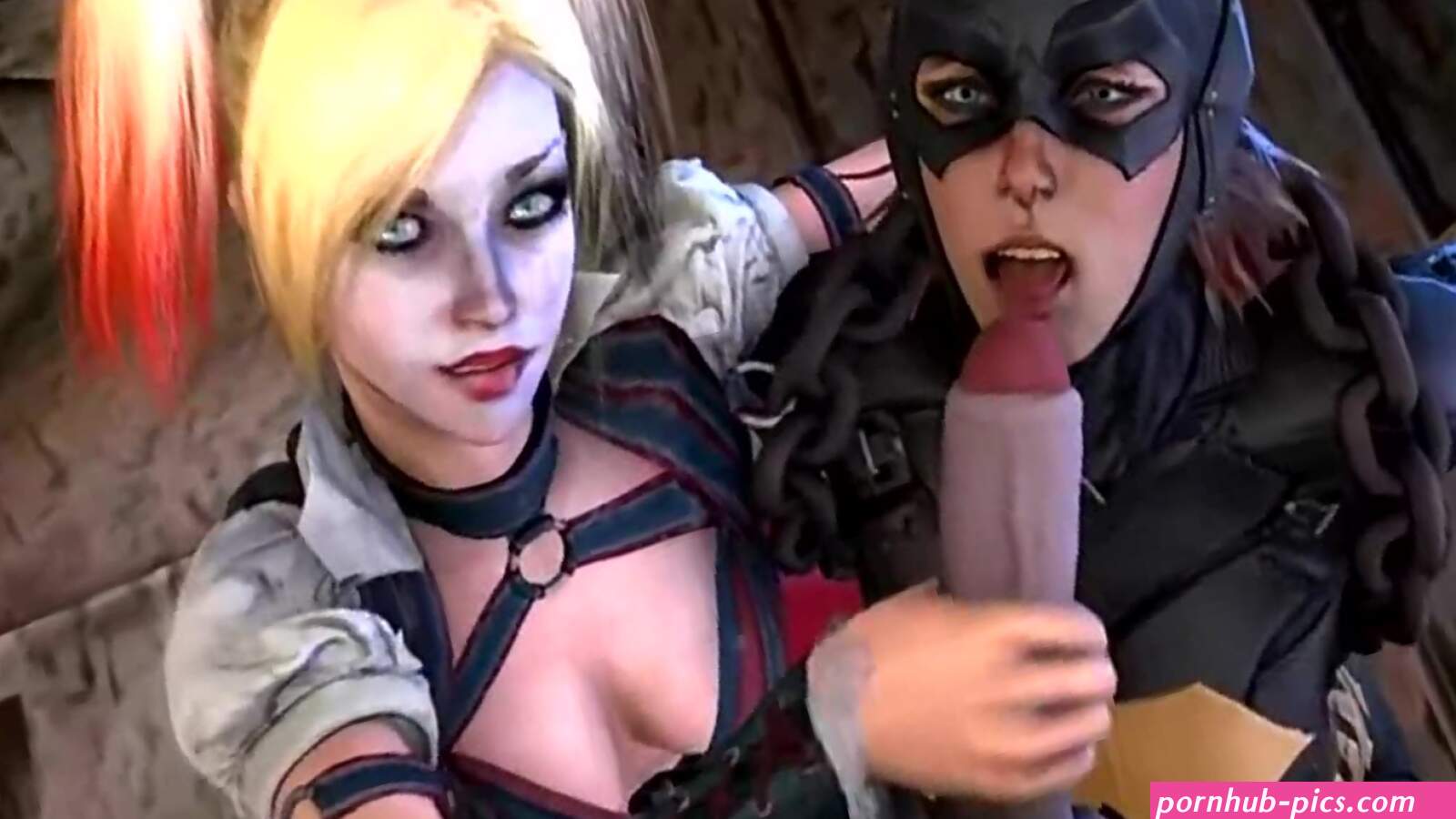 Catwoman and Harley Quinn give a tag team blowjob