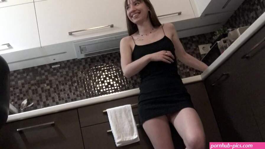 Sexy and Horny Braless Brunette Petite Girlfriend in the Kitchen in a Very Tight Dress to flash pussy and ass
