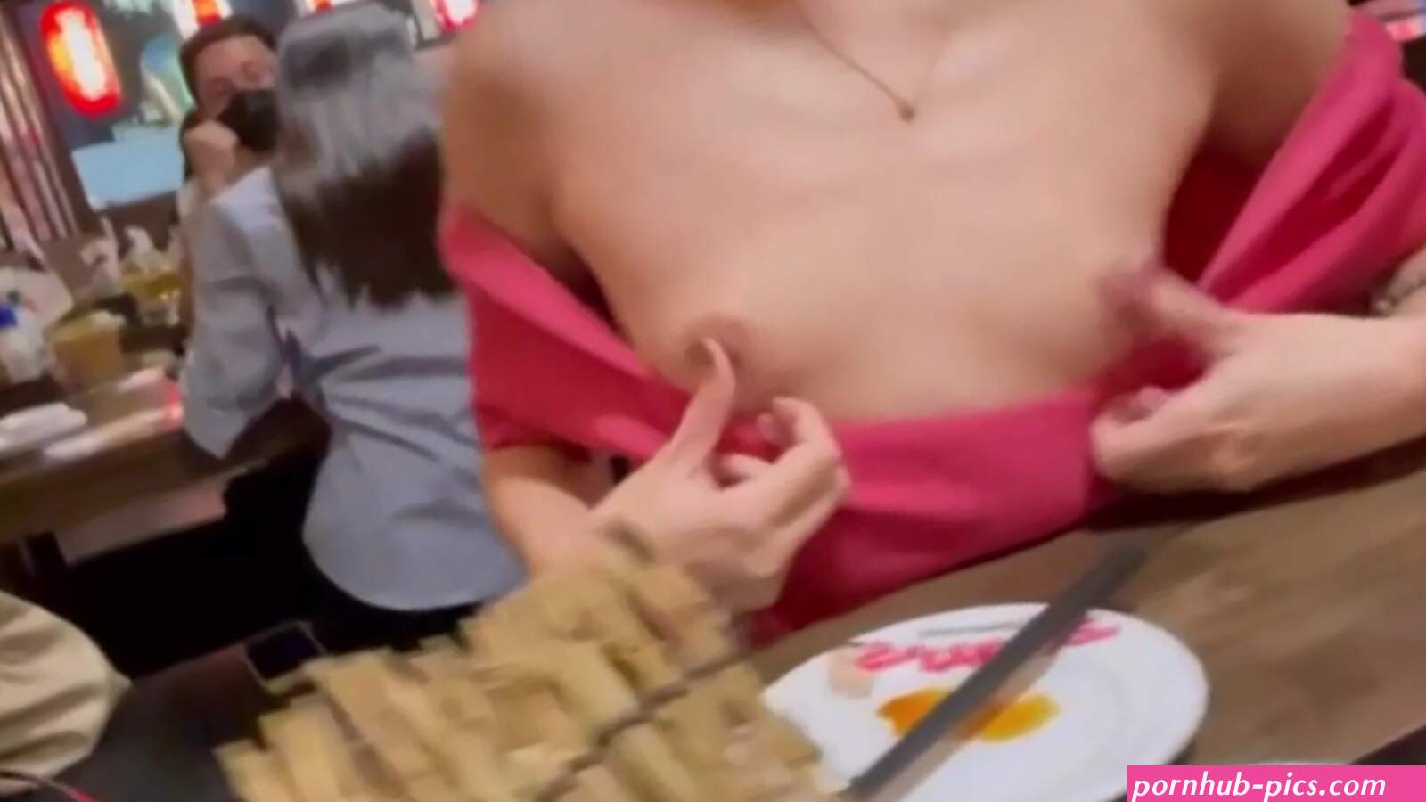 Flashing my tiny asian boobs in a restaurant
