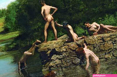 Swimming hole with nude male bathers. High quality vintage art reproduction by Buyenlarge. One of many
