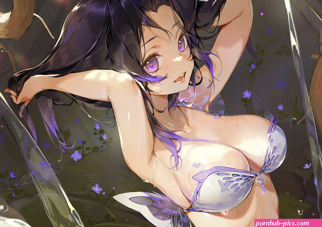 akizero1510 black hair breasts cleavage close flowers kimetsu no yaiba kochou shinobu purple eyes short hair signed water waterfall wet