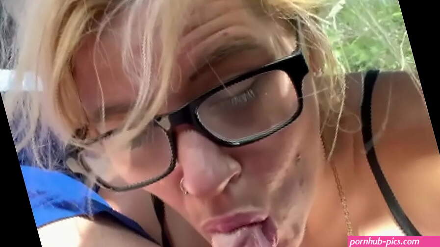 Real hooker wearing glasses gets on her knees in public to take a load of cum in her mouth after sucking off an old man for money