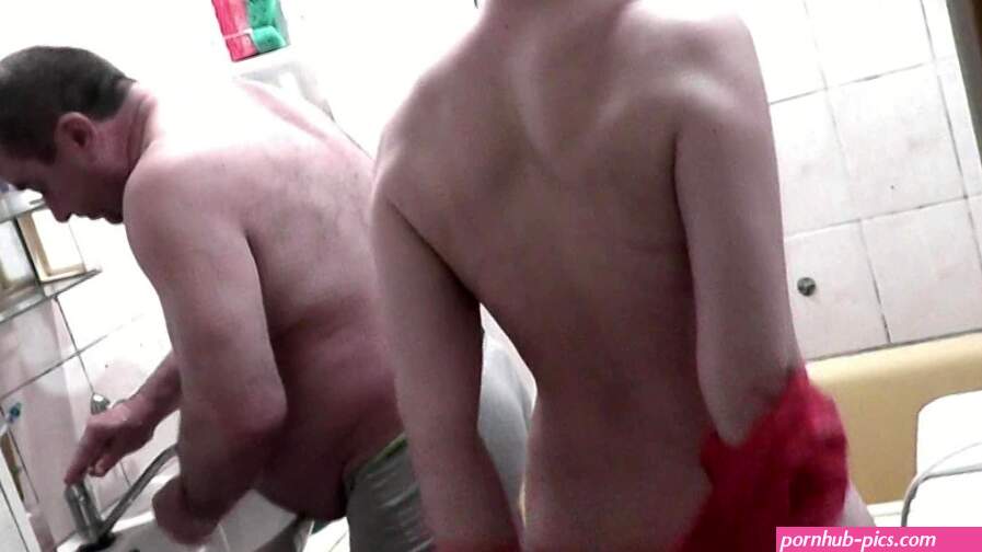 Pervert husband of wife watches as sexy girl takes shower. Old man masturbates cock. Naked in public